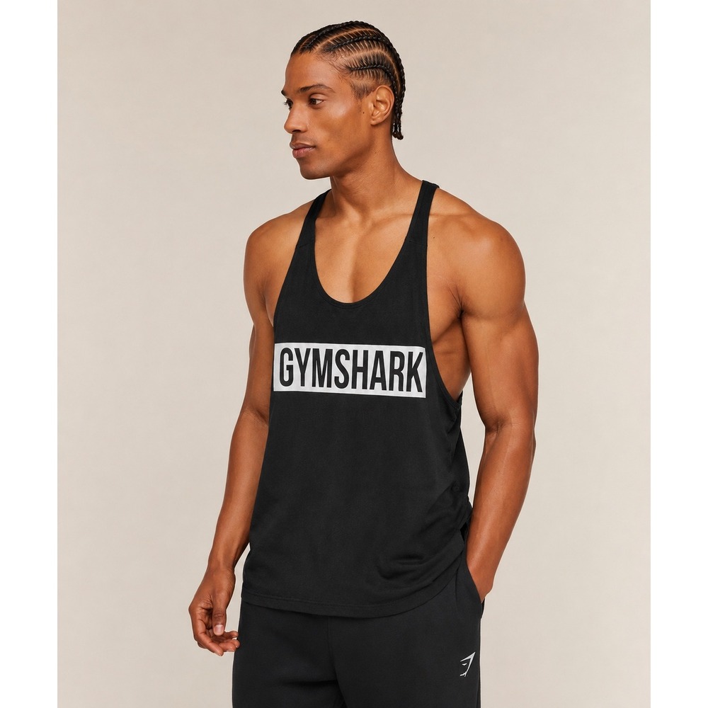 Gymshark Mens Accent Stringer Tank Top Black White Logo Large